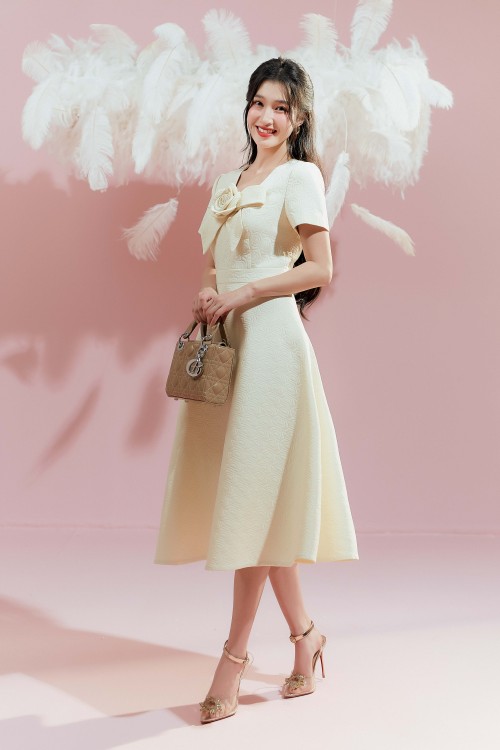 Cream 3D Flower Woven Midi Dress