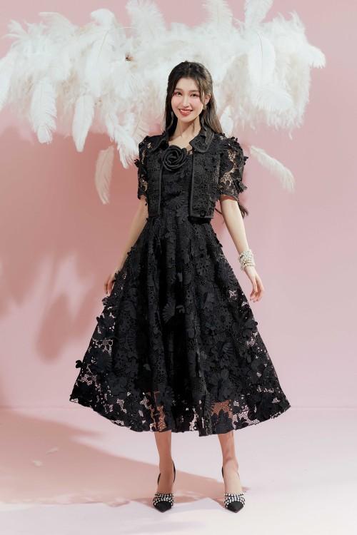 Black Floral Lace Dress And Vest Set