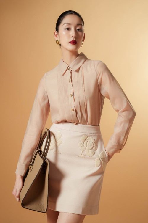 Beige Long Sleeves Organza Shirt