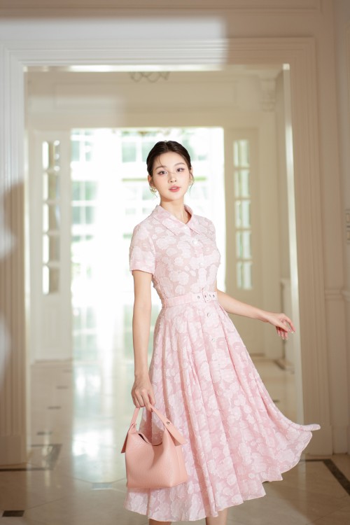Pink Foral Organza Midi Dress
