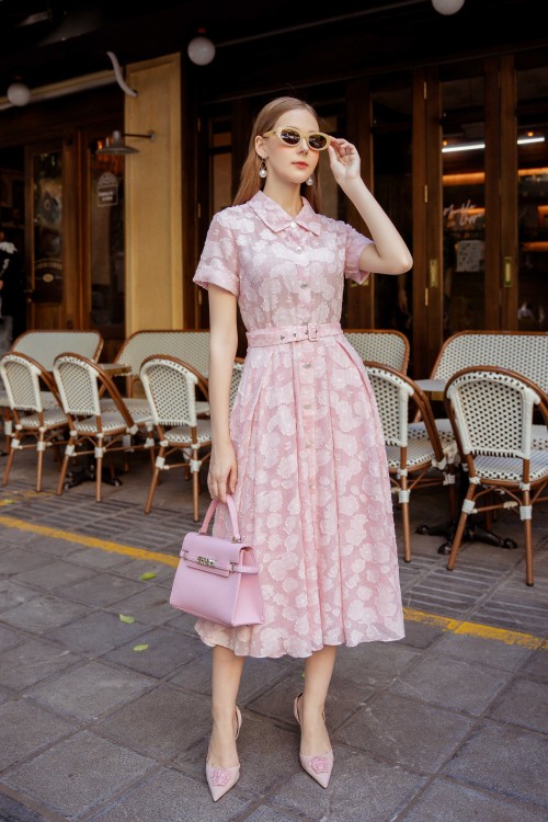 Pink Foral Organza Midi Dress