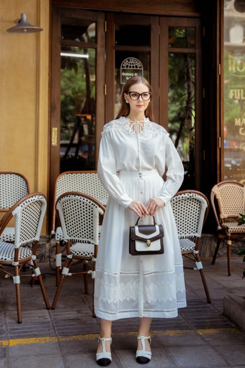 White Gathered Midi Woven Skirt