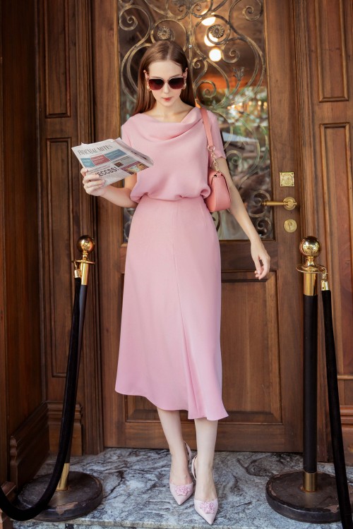 Pink Silk Midi Skirt