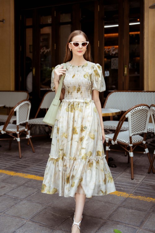 Beige Short Sleeves Organza Midi Dress