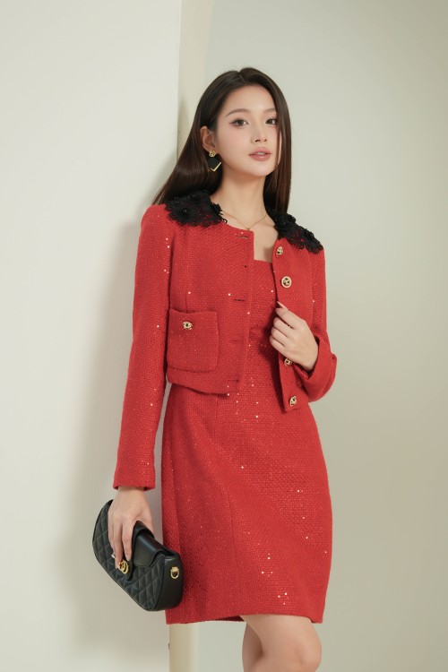 Red Long Sleeves Tweed Vest 2