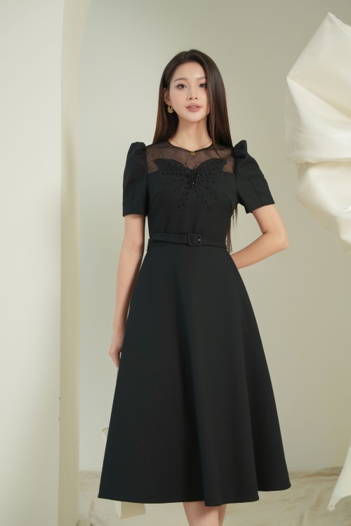 Black Butterfly Embroidery Woven Midi Dress