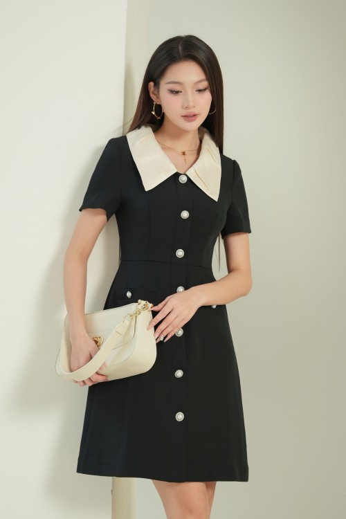 Black Horn-buttons Mini Raw Dress