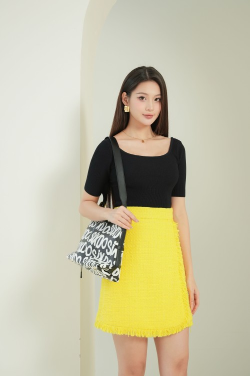 Yellow Straight Mini Tweed Skirt