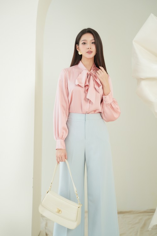 Peach Pink Bow-tie Silk Shirt