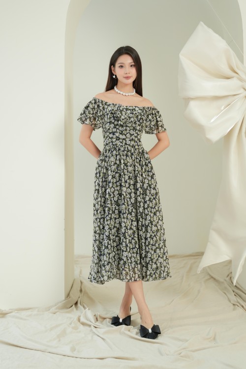 G-Navy Floral Chiffon Flared Dress