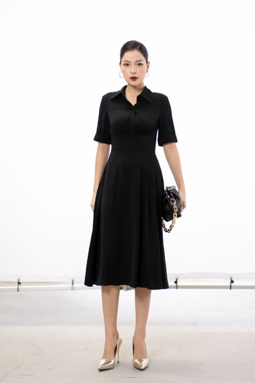 Black Short Sleeves Midi Woven Dress