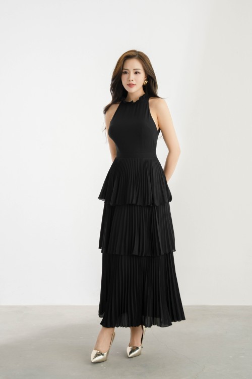 Black Pleated Midi Chiffon Dress