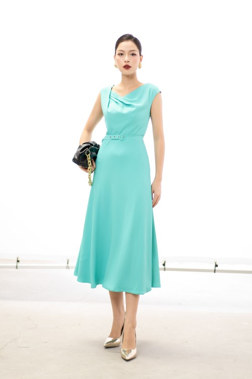 Turquoise Midi Silk Dress With Belt