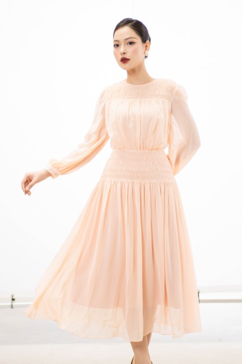 Light Peach Long Sleeves Chiffon Midi Dress