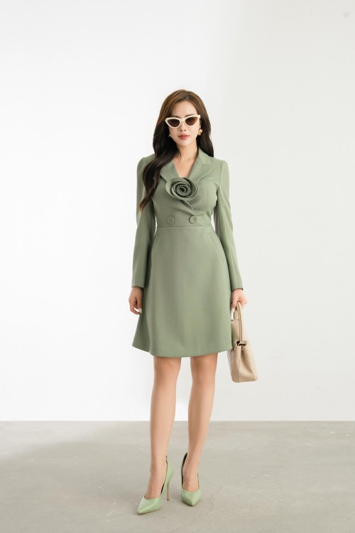 Light Green Mini Raw Dress With Flower