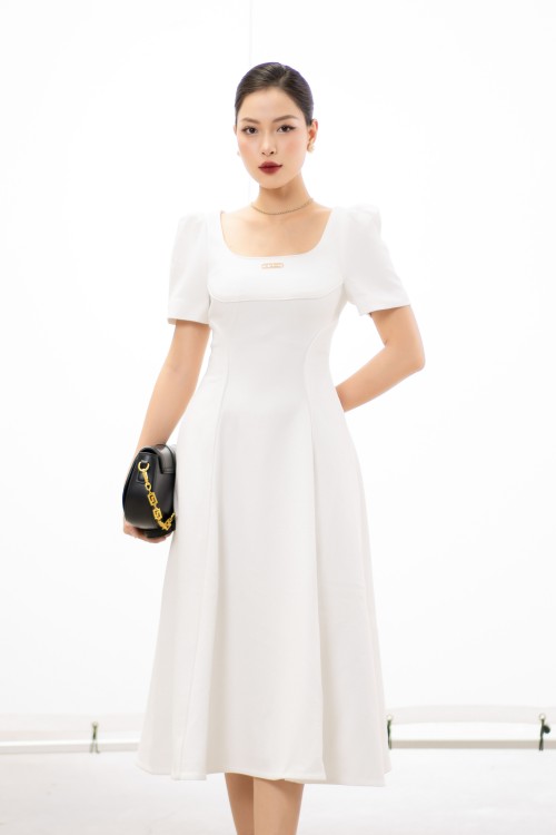 White U-neckline Midi Woven Dress