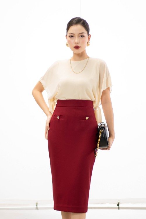 Dark Red Straight Midi Raw Skirt