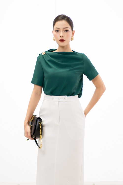 Dark Green Short Sleeves Silk Top