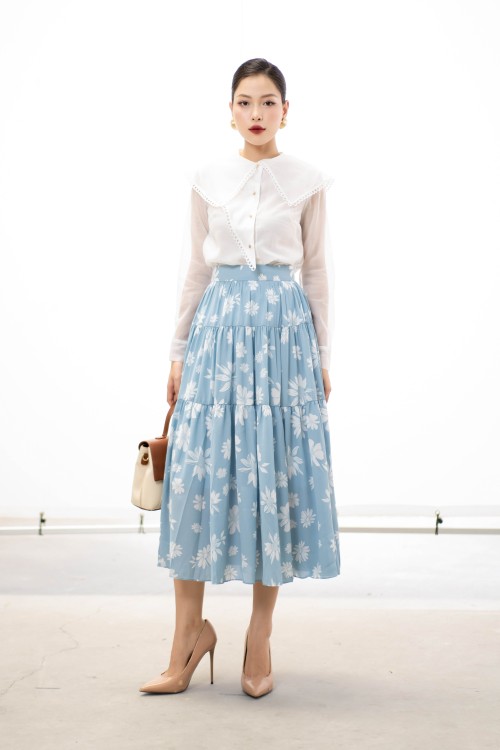 Light Blue Floral Midi Voile Skirt (Chân váy)