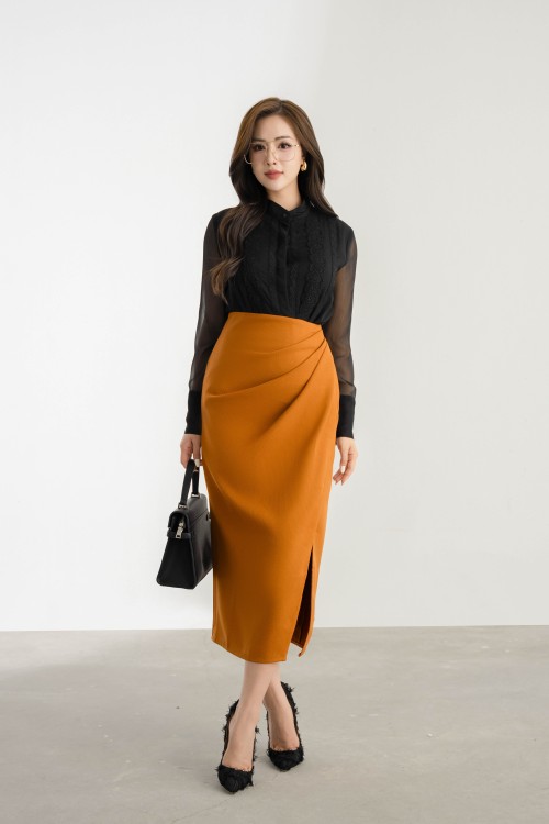 Caramel Wraparound Midi Raw Skirt