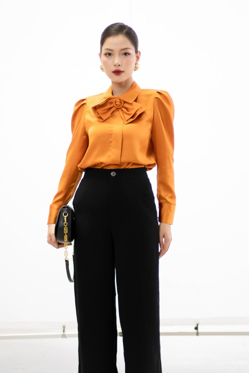 Dark Orange Bowtie Silk Shirt