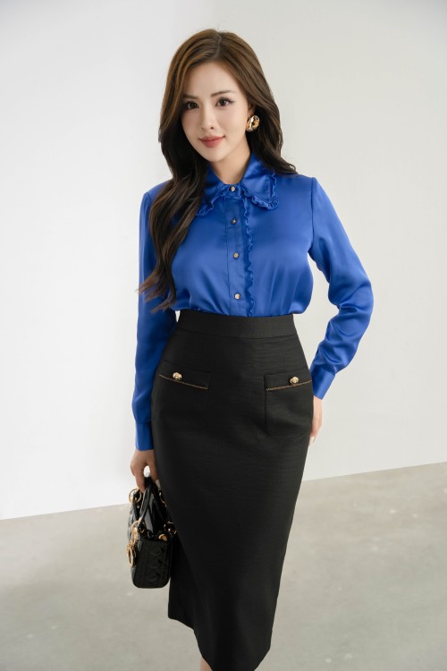 Dark Blue Long Sleeves Silk Shirt