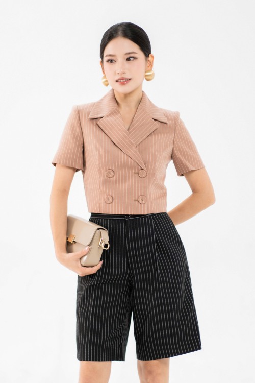 Brownish-beige Stripe Cropped Woven Vest