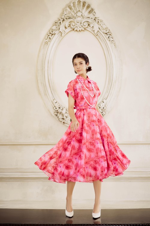 Pink Peacock Feather Print Organza Flared Dress