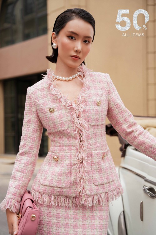 Pink Long Sleeves Tweed Vest