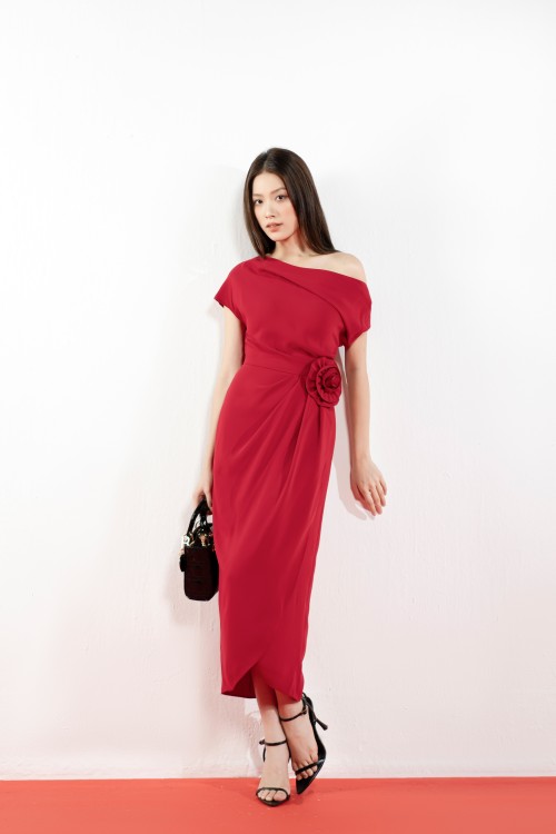 Red Silk Midi Dress With Flower