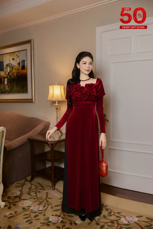 Dark Red 3D Flower Velvet Ao Dai