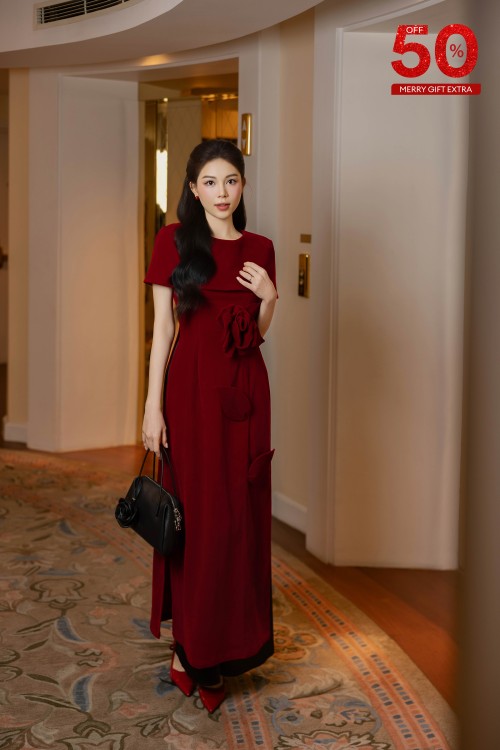 Red 3D Flower Velvet Ao Dai