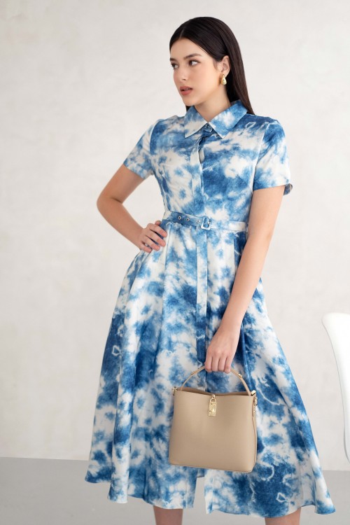 Blue Pleated Silk Midi Dress