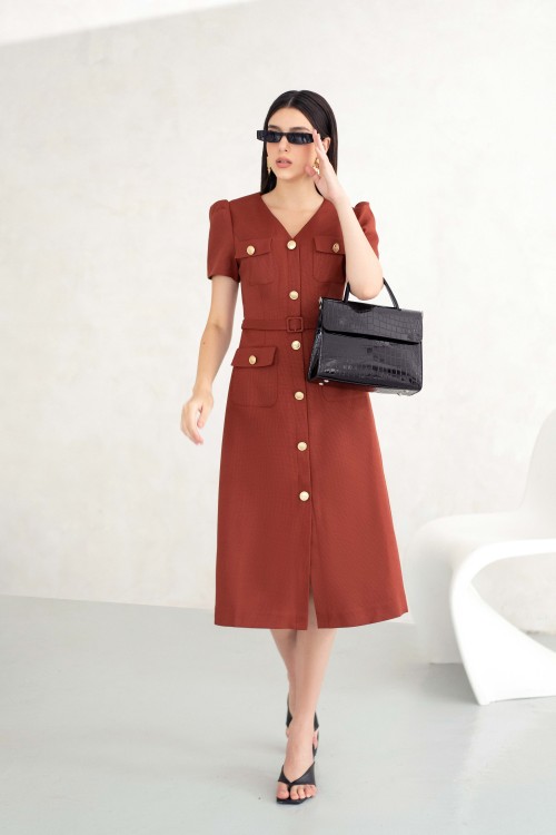 Orangish Brown V-neck Woven Midi Dress