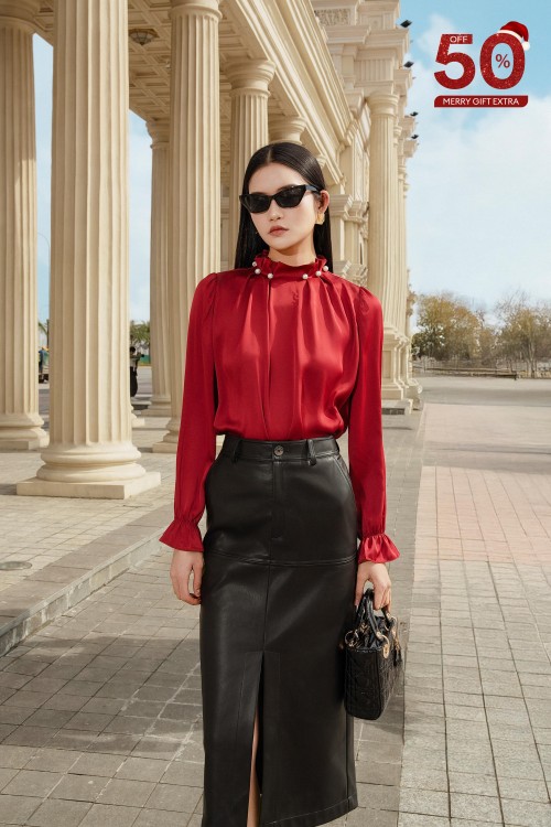 Burgundy Long Sleeves Silk Blouse