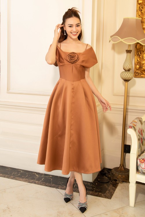Brown Midi Taffeta Dress