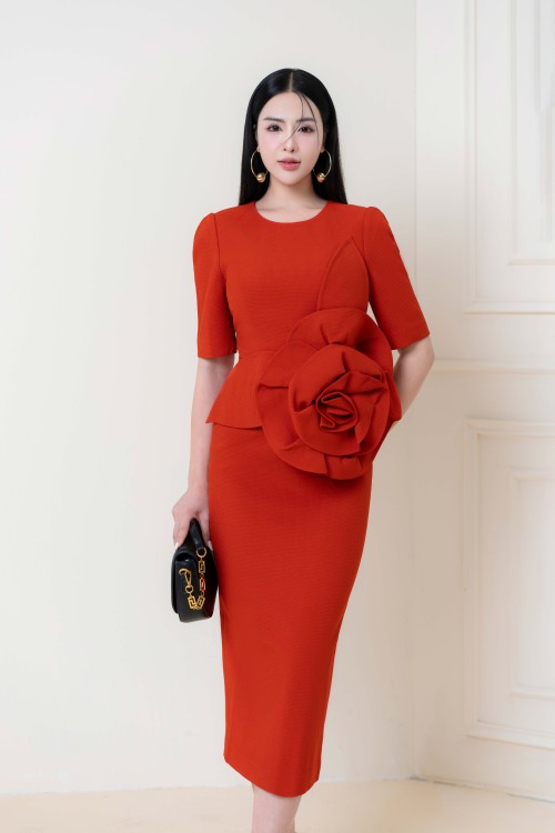 Red-orange Midi Raw Dress