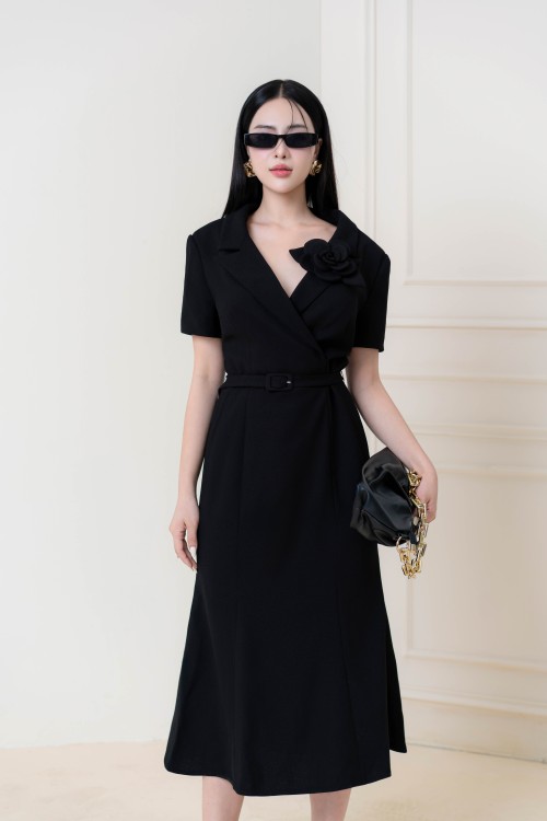 Black Square Fishtail Woven Midi Dress