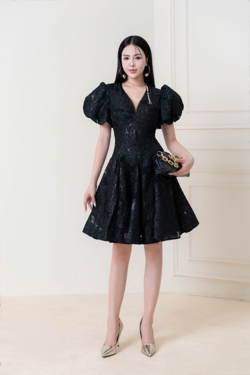 Black V-neck Mini Brocade Dress