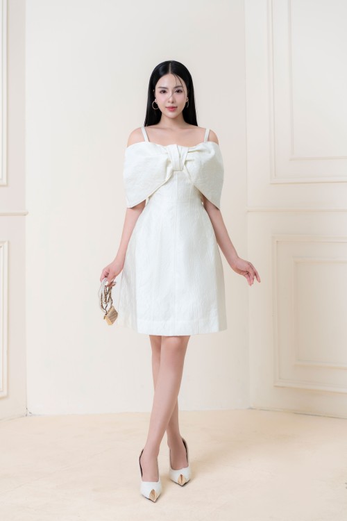 Cream Off-shoulder Mini Brocade Dress