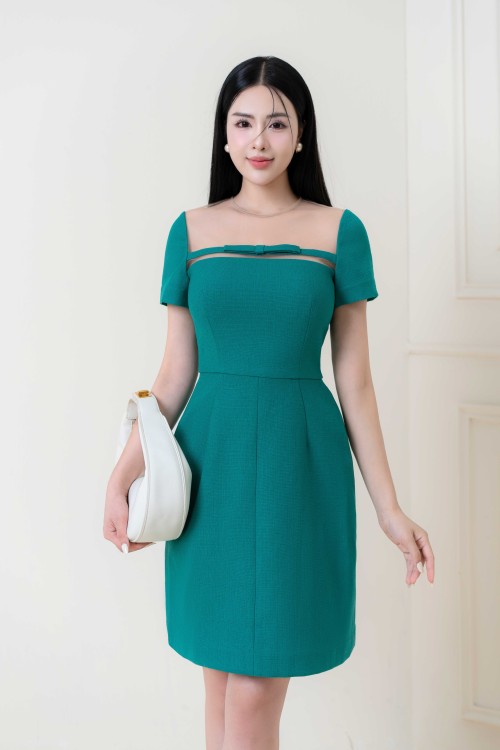 Green Illusion Neckline Mini Raw Dress