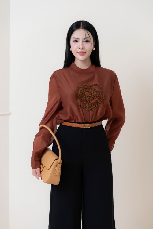 Brown Floral Long Sleeves Shirt