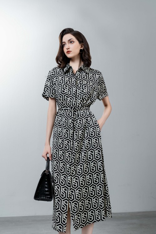 Black Short Sleeves Silk Midi Dress