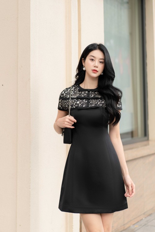 Black Short Sleeves Mini Taffeta Dress