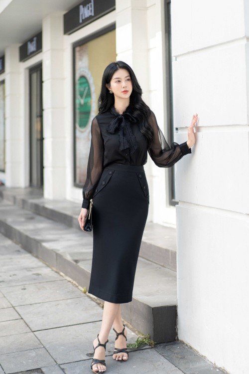 Black Straight Midi Woven Skirt