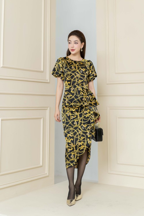 Black Baroque Print Silk Midi Dress