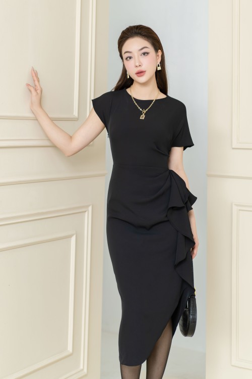 Black Asymmetric Midi Silk Dress