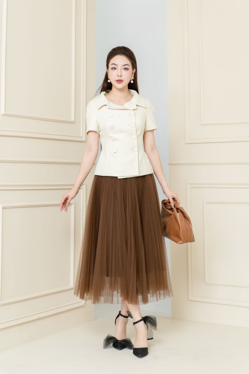 Brown Pleated Midi Mesh Skirt