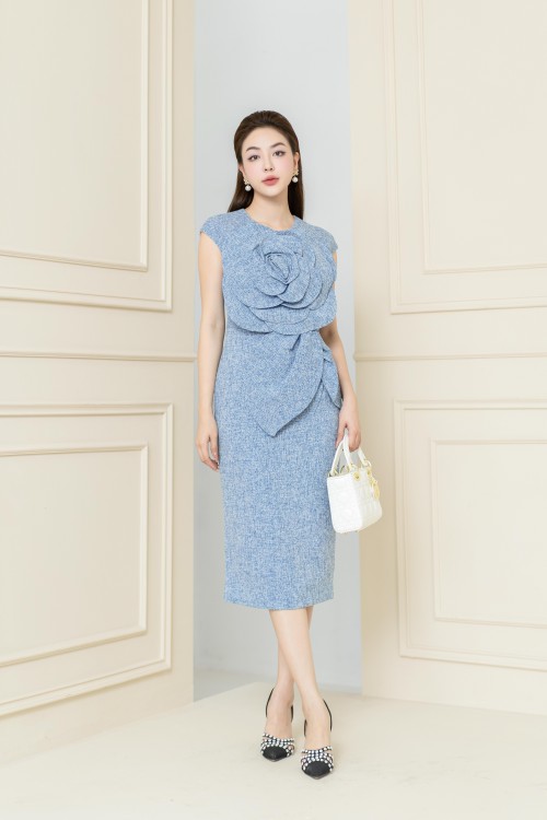 Blue Midi Tweed Dress With Flower