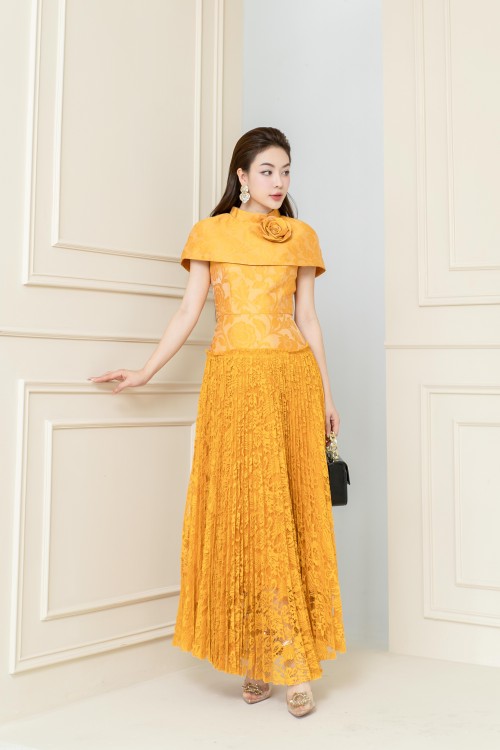 Yellow Cape Midi Brocade Dress